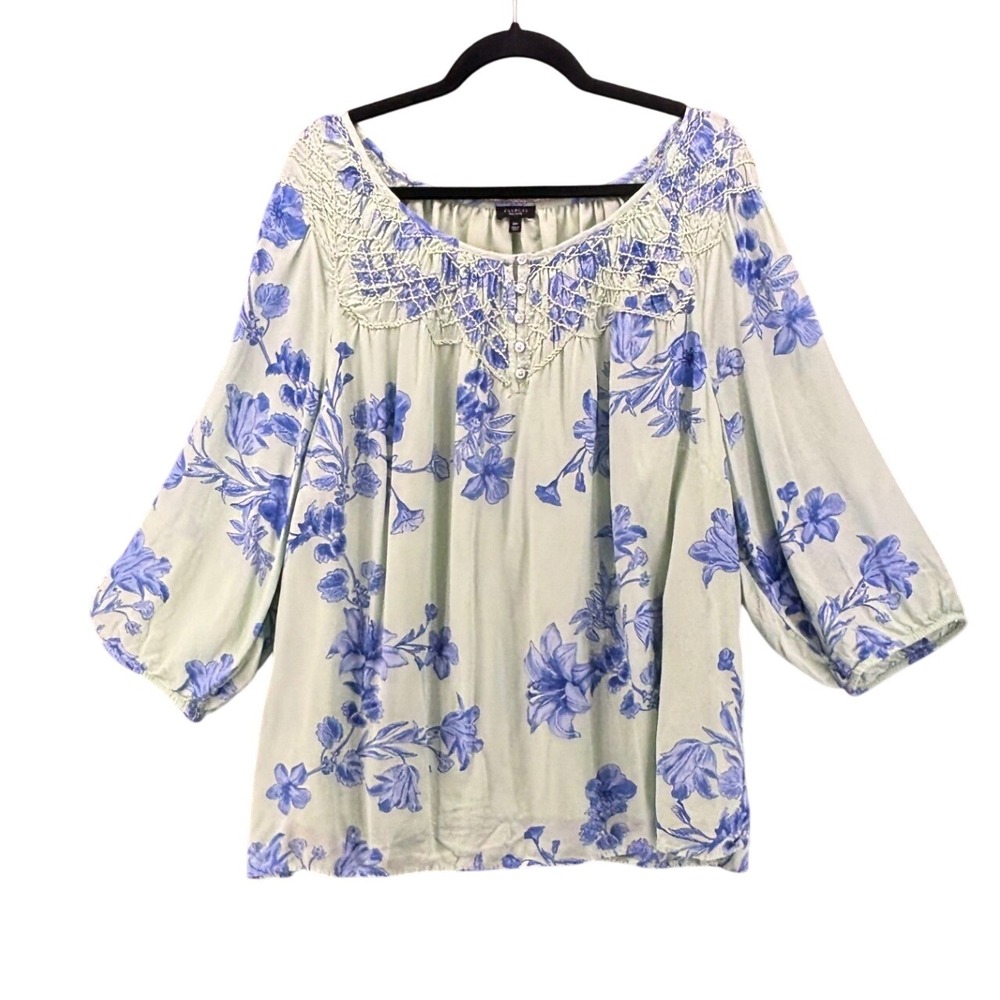 Talbots Womans Peasant Tops Size 3XP Smocked Neck Watercolor Lillies French